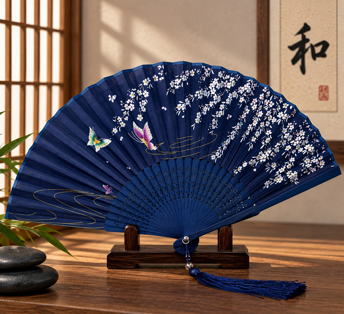 Oriental Folding Hand Fan Bamboo Fabric Floral Butterfly Tassel Compact Purse