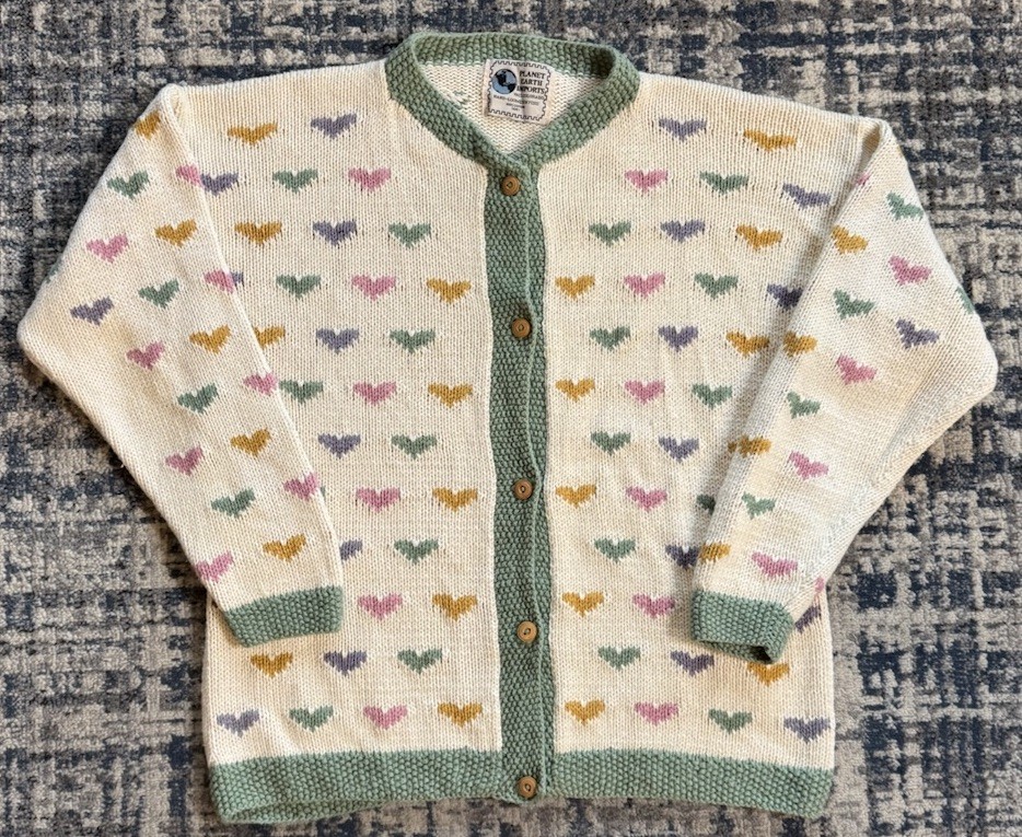 Vintage Planet Earth Imports All Over Print Heart 100% Cotton Cardigan Sweater M