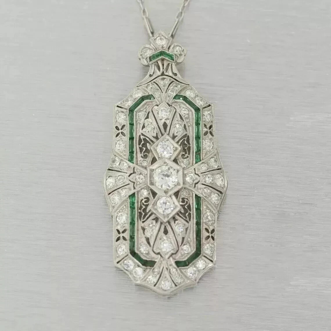 Art Deco Vintage Style Lab Created Diamond Emerald Engagement 925 Silver Pendant