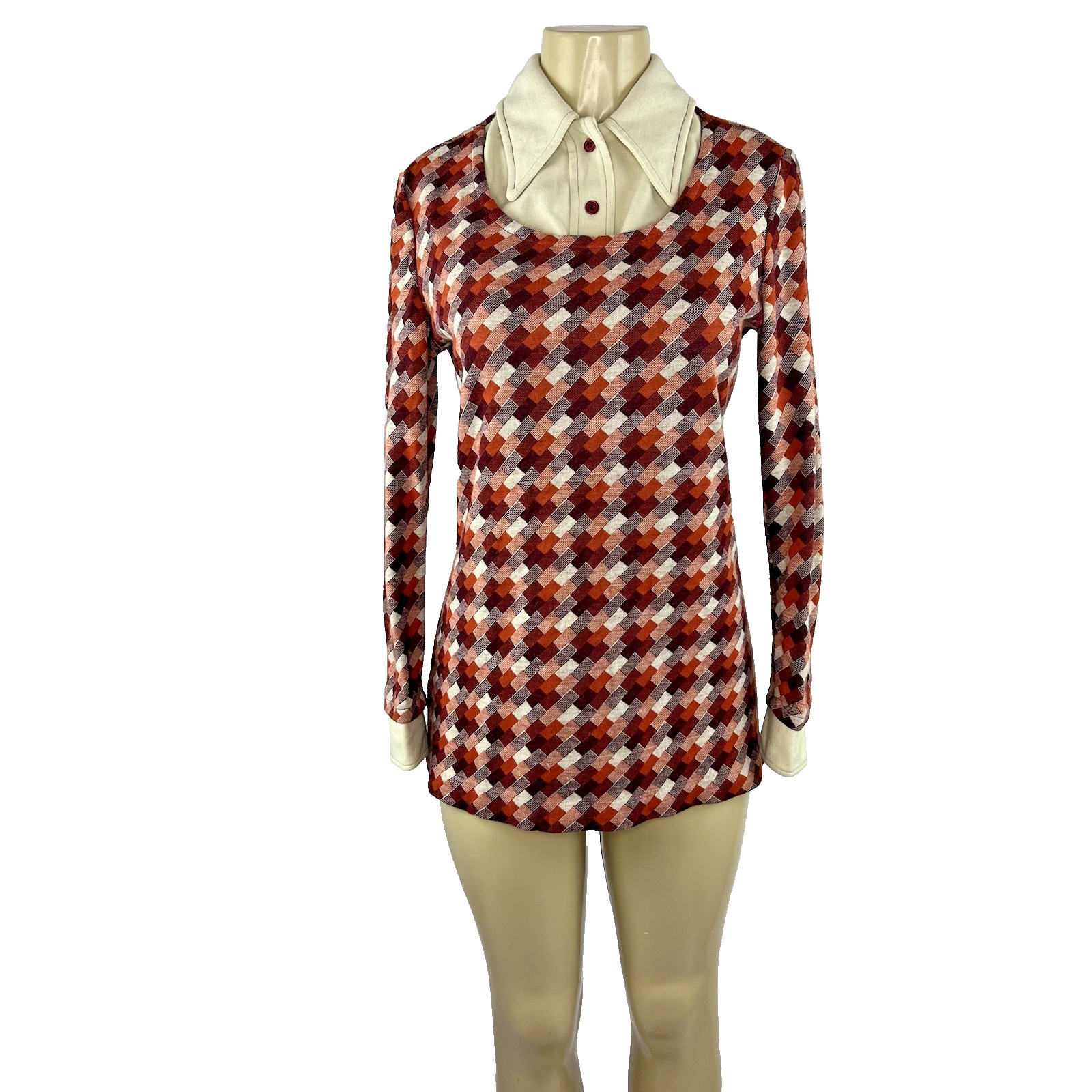 1960s/1970s Mico Mini Dress Top Vintage Mod Collared Geometric Knit Autumn Sears