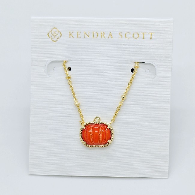 New Kendra Scott Pumpkin Gold Plated Short Pendant Necklace In Orange Shell