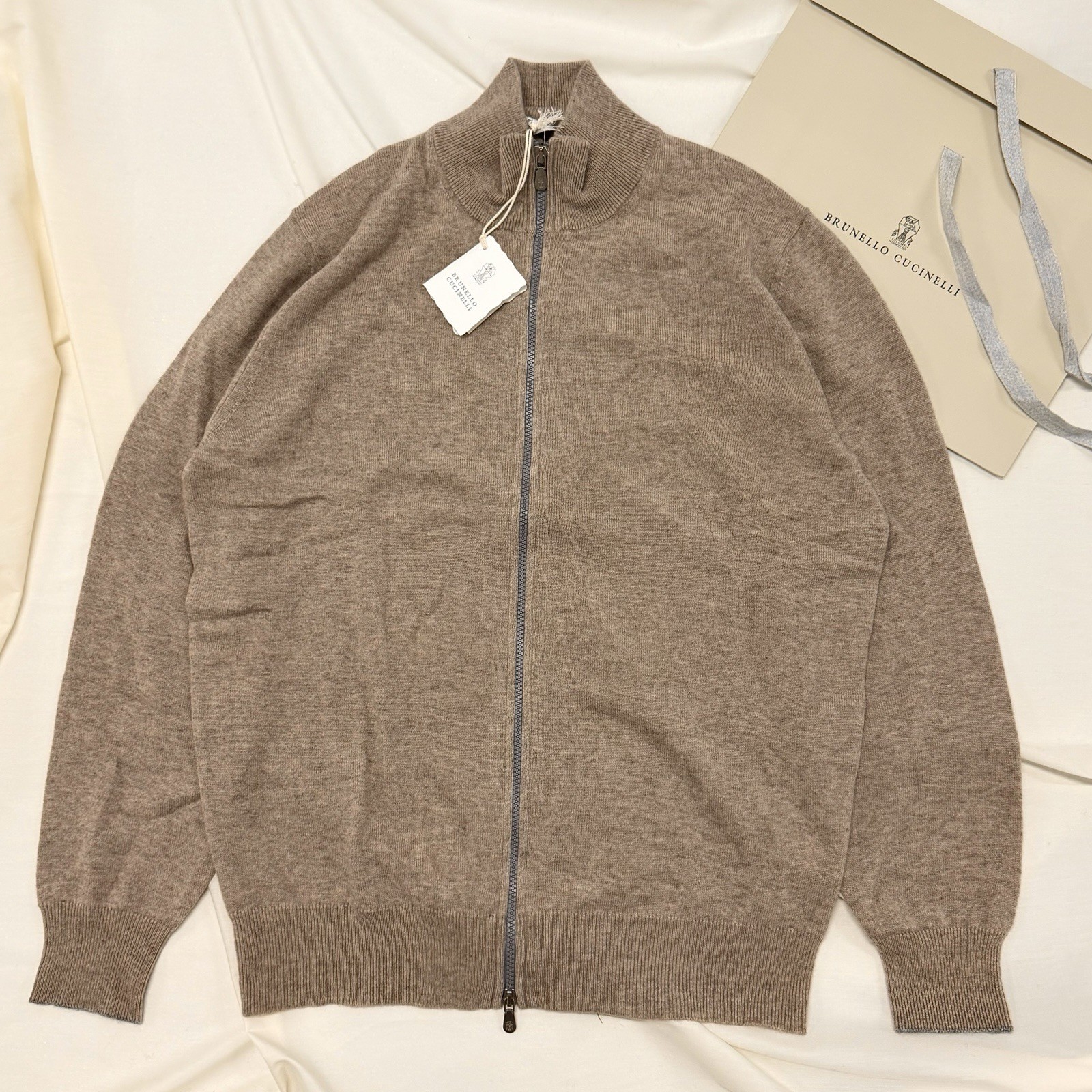 Brunello Cucinelli Full 2x Zip Cashmere Sweater Men Size 52 Large Cardigan Taupe