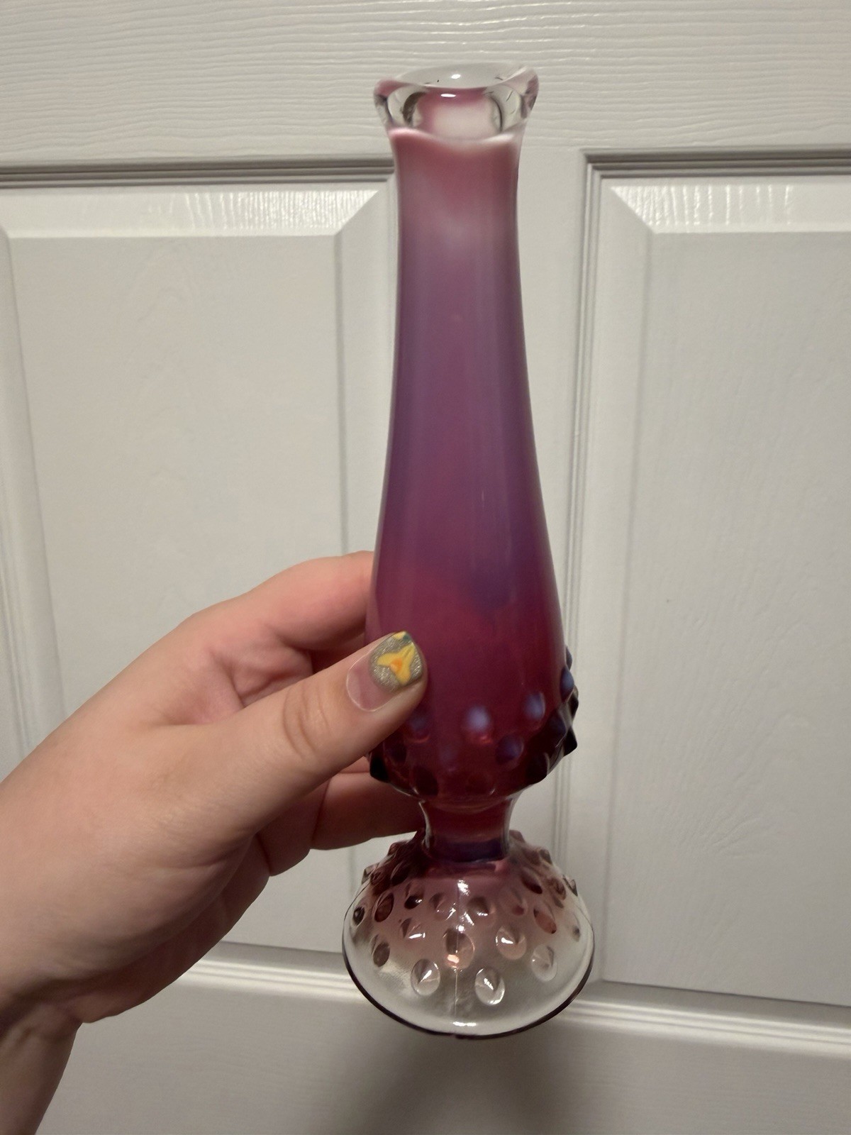 8” Fenton Plum Opalescent Hobnail Bud Vase (See Description) 8” Fenton Plum Opalescent Hobnail Bud Vase (See Description)