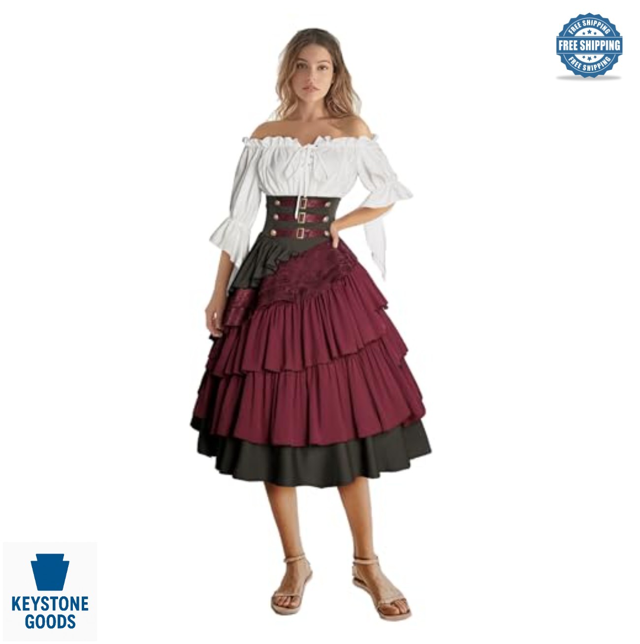 Women\'s Pirate Costume Renaissance Shirt Steampunk Skirt Set Off Shoulder Long