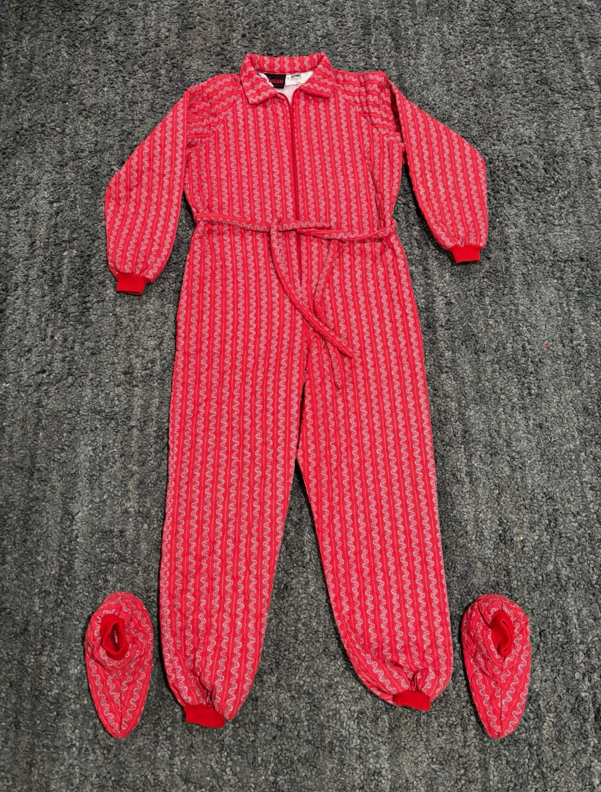 Vintage 70s 80s Wiman Adult L Quilted Loungewear Jumpsuit Booties Set Red Stripe