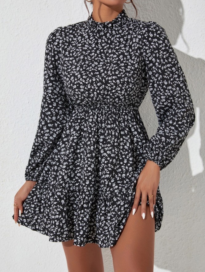 SHEIN Women\'s XS Floral Print Short Dress Black White