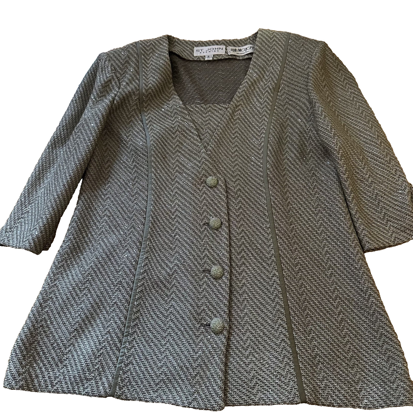 VTG St. John Evening Metallic Chevron Herringbone Knit Jacket Sage Green Gold 8