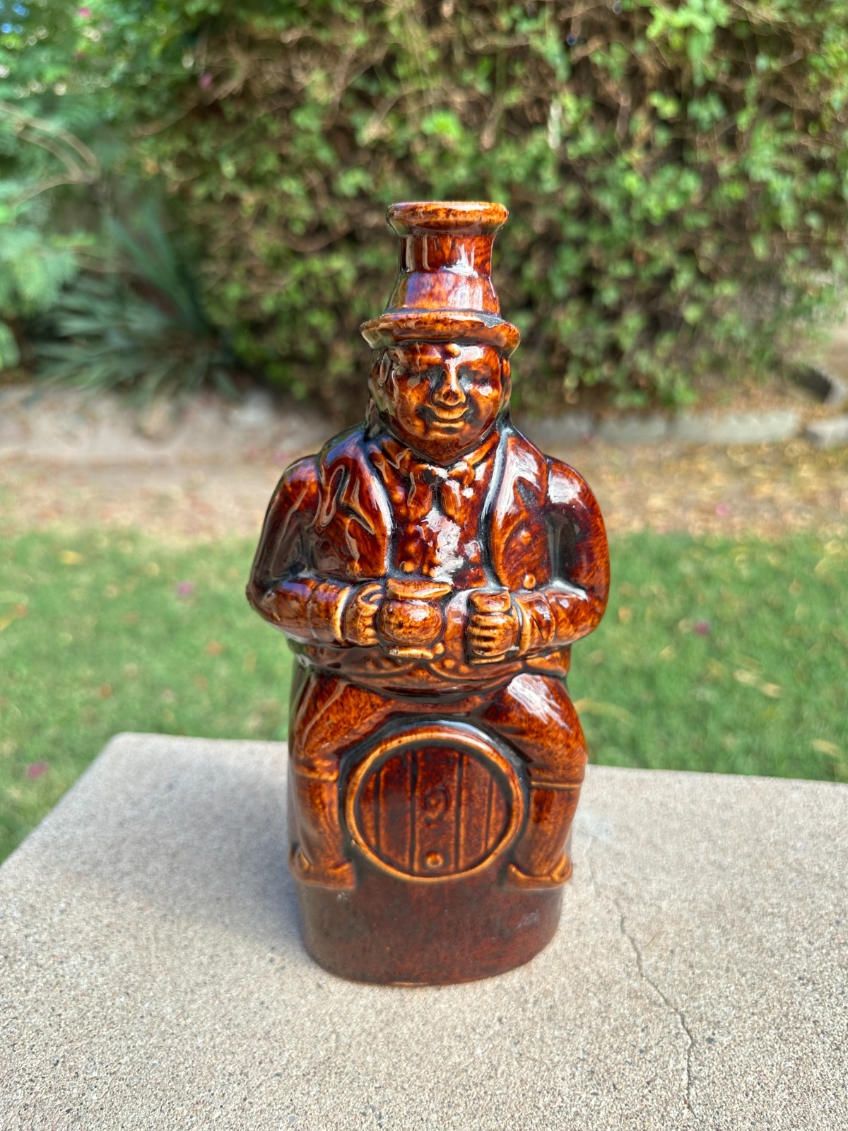Glazed Antique 19th Century Yelloware Figural Bottle Man On Barrel 9.5\