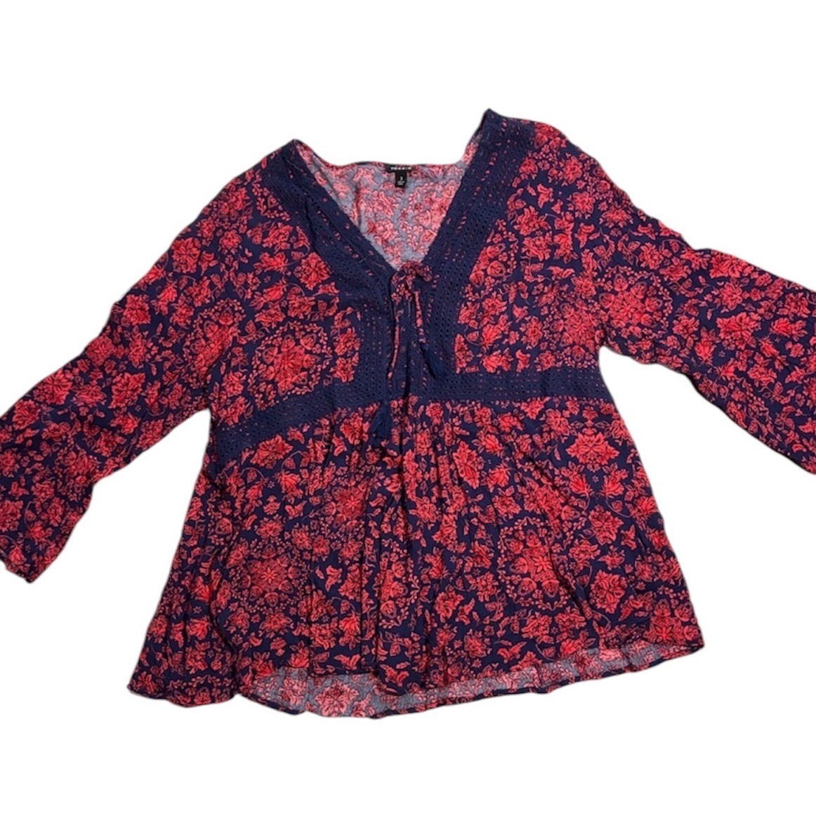 Torrid Red Navy Floral Lace Top Crochet Trim Babydoll Blouse Boho Size 3 Plus