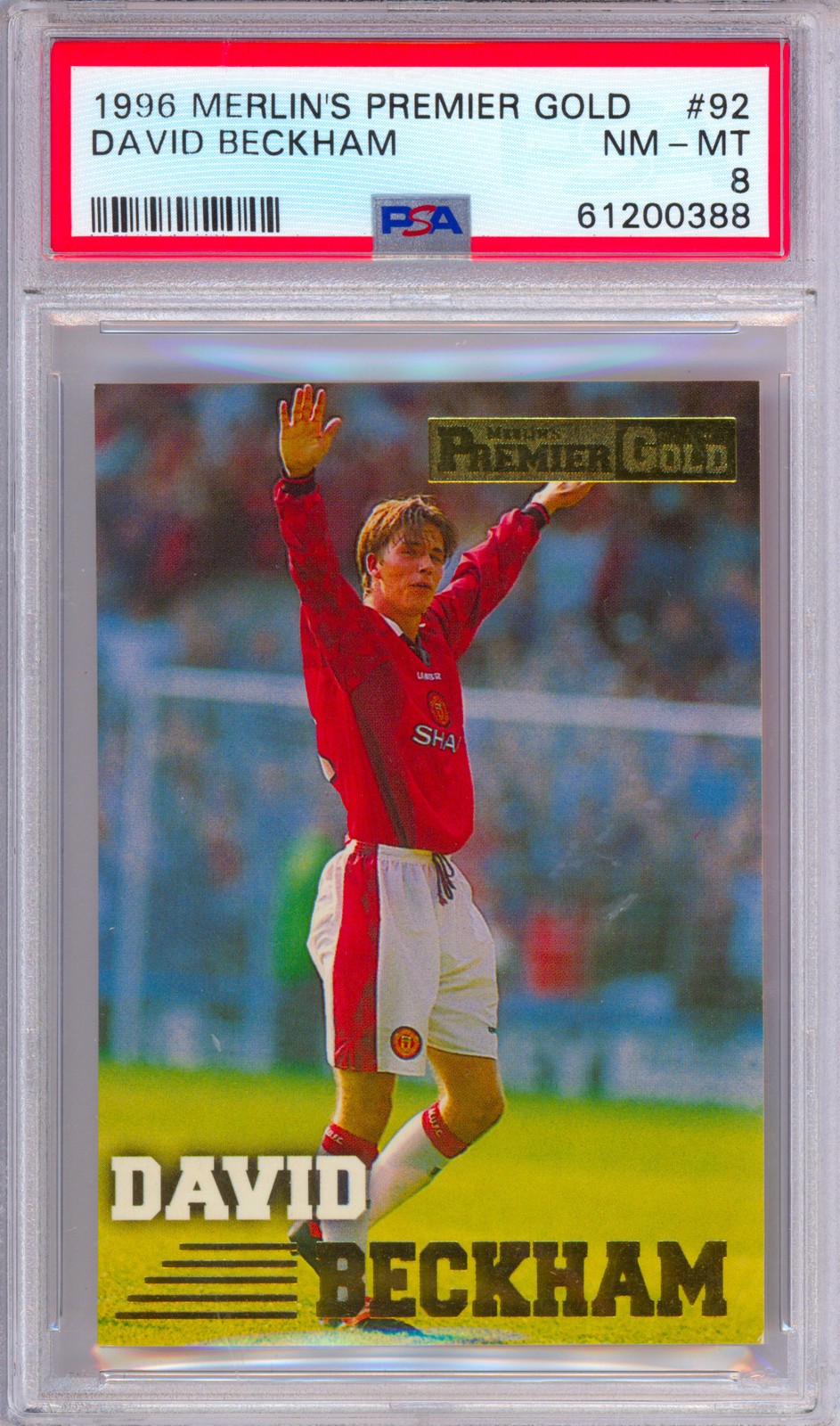 DAVID BECKHAM 1996-97 Merlin's Premier Gold Rookie RC Soccer Card #92 PSA 8 DAVID BECKHAM 1996-97 Merlin's Premier Gold Rookie RC Soccer Card #92 PSA 8