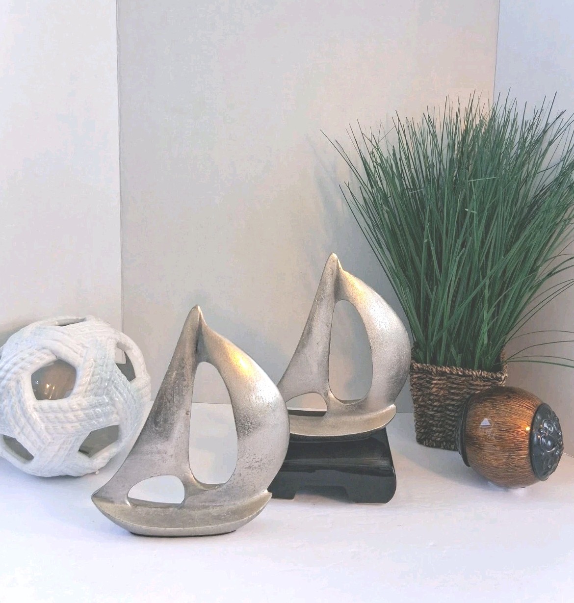 Set of 2 Vintage Aluminum Cast Metal Silver Sailboat Pair; Modernist Sculptures;