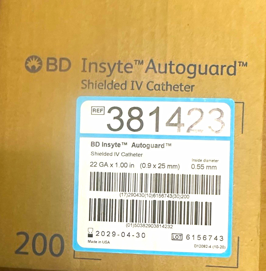 Insyte Autoguard Shielded IV Catheter 22GA x 1in REF 381423 QTY 200 Insyte Autoguard Shielded IV Catheter 22GA x 1in REF 381423 QTY 200