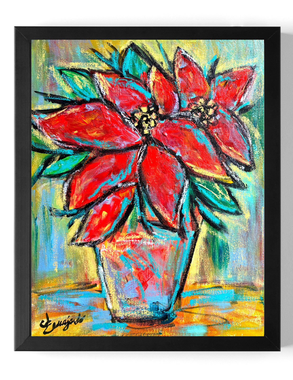 Guajardo Art: Poinsettia 14X11 Original Canvas Handmade Neo Expressionism