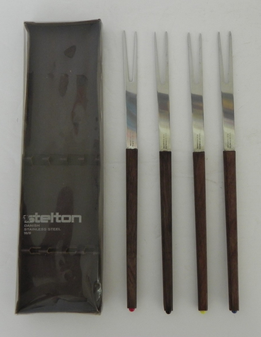 Set of 4 Vintage Stelton Danish Modern Stainless Steel and Teak Fondue Forks Set of 4 Vintage Stelton Danish Modern Stainless Steel and Teak Fondue Forks