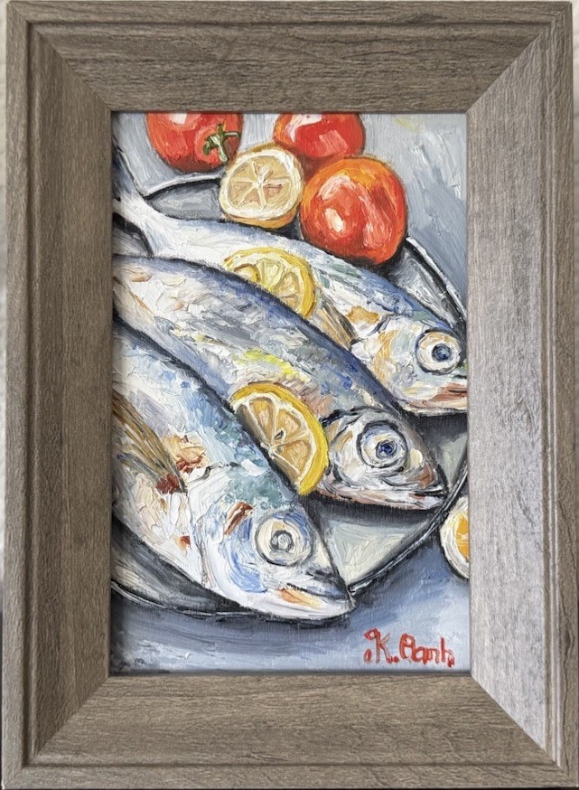 HAND PAINTED OIL PAINTING STILL LIFE FISH SIGNED FRAMED 4x6