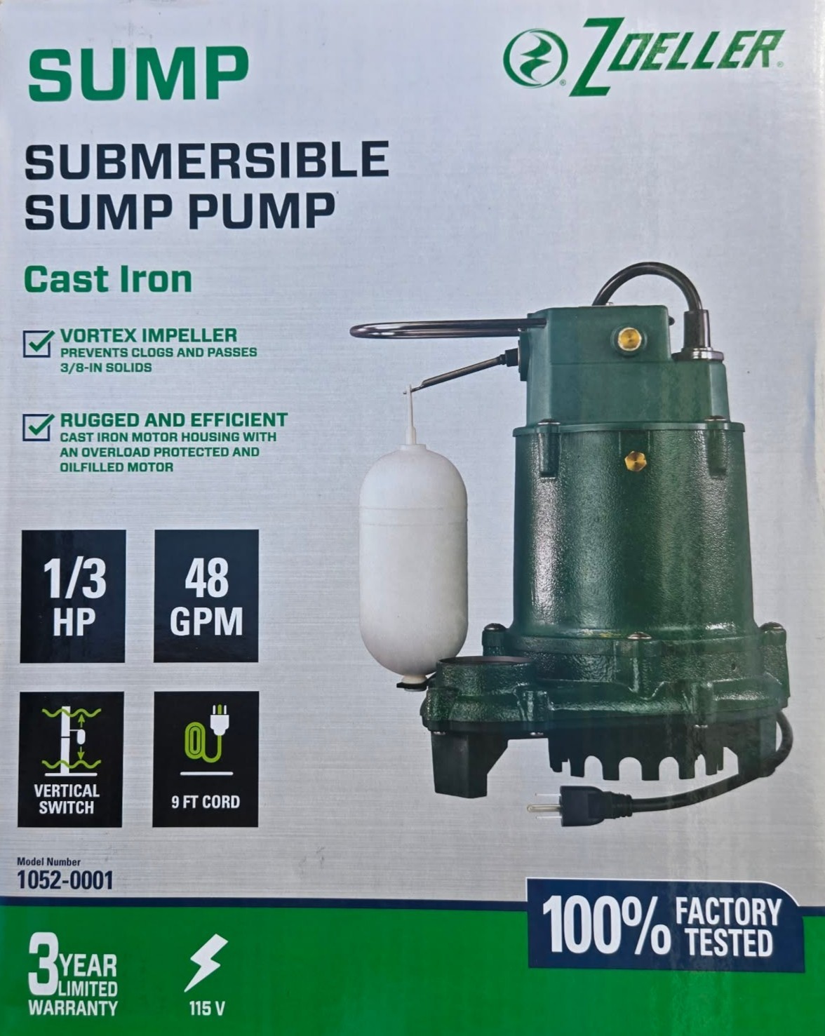 Zoeller Pro Series 1/3 Hp Non-Clogging Vortex Impeller Moves 48 Gallons Per NEW
