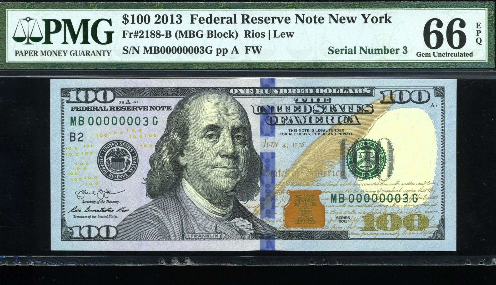 2013 $100 FRN MB00000003G  P.M.G #66EPQ