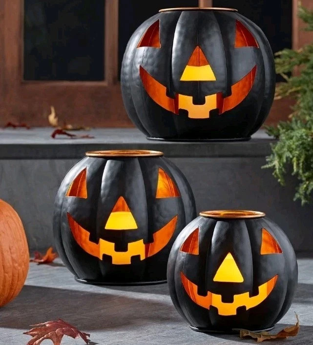🎃HALLOWEEN🎃 Set of 3 Pre-Lit Black Metal JACK-O-LANTERN Pumpkin Timer Candles 🎃HALLOWEEN🎃 Set of 3 Pre-Lit Black Metal JACK-O-LANTERN Pumpkin Timer Candles