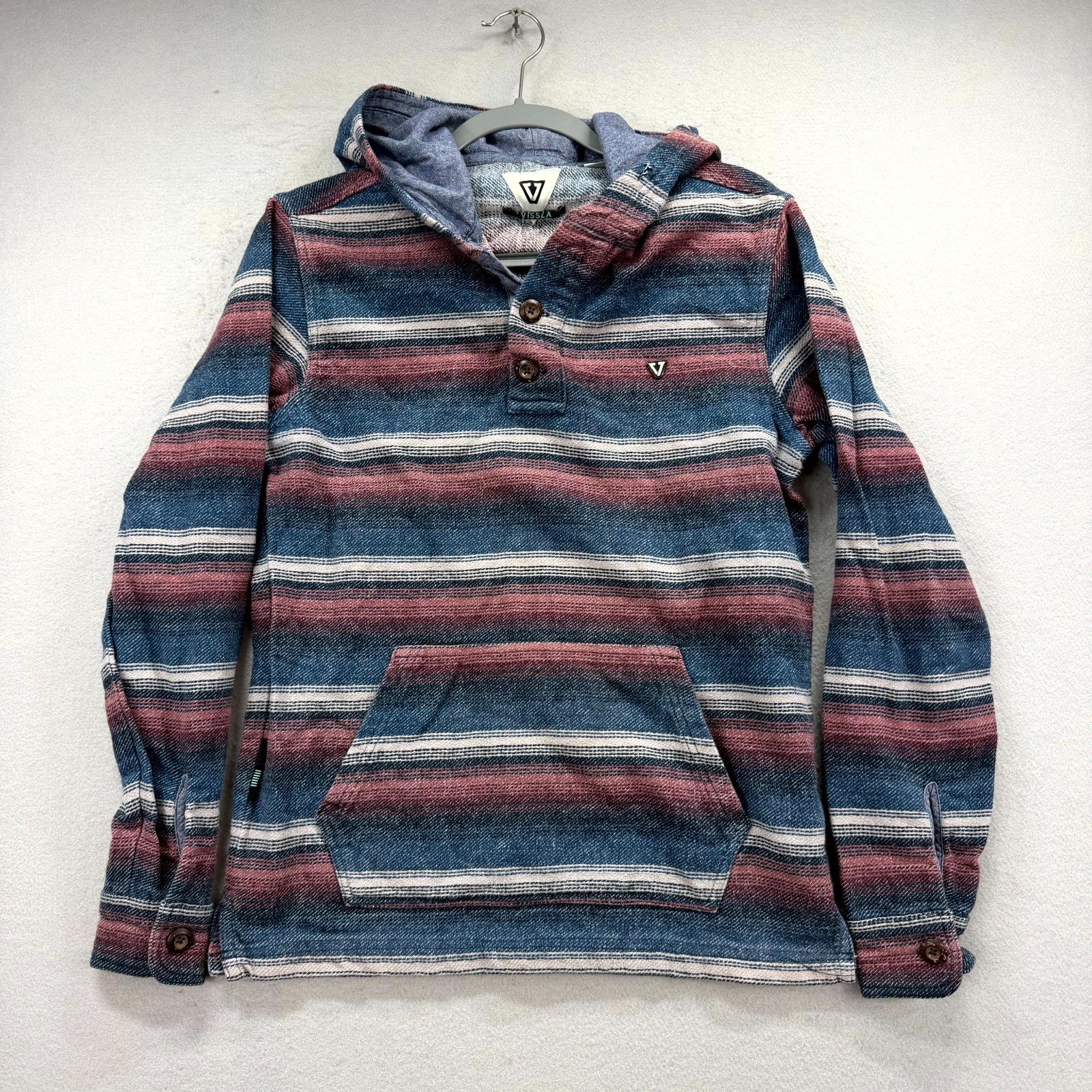 Vissla Descanso Hoodie Mens Medium Red Blue Striped Southwestern Sweatshirt