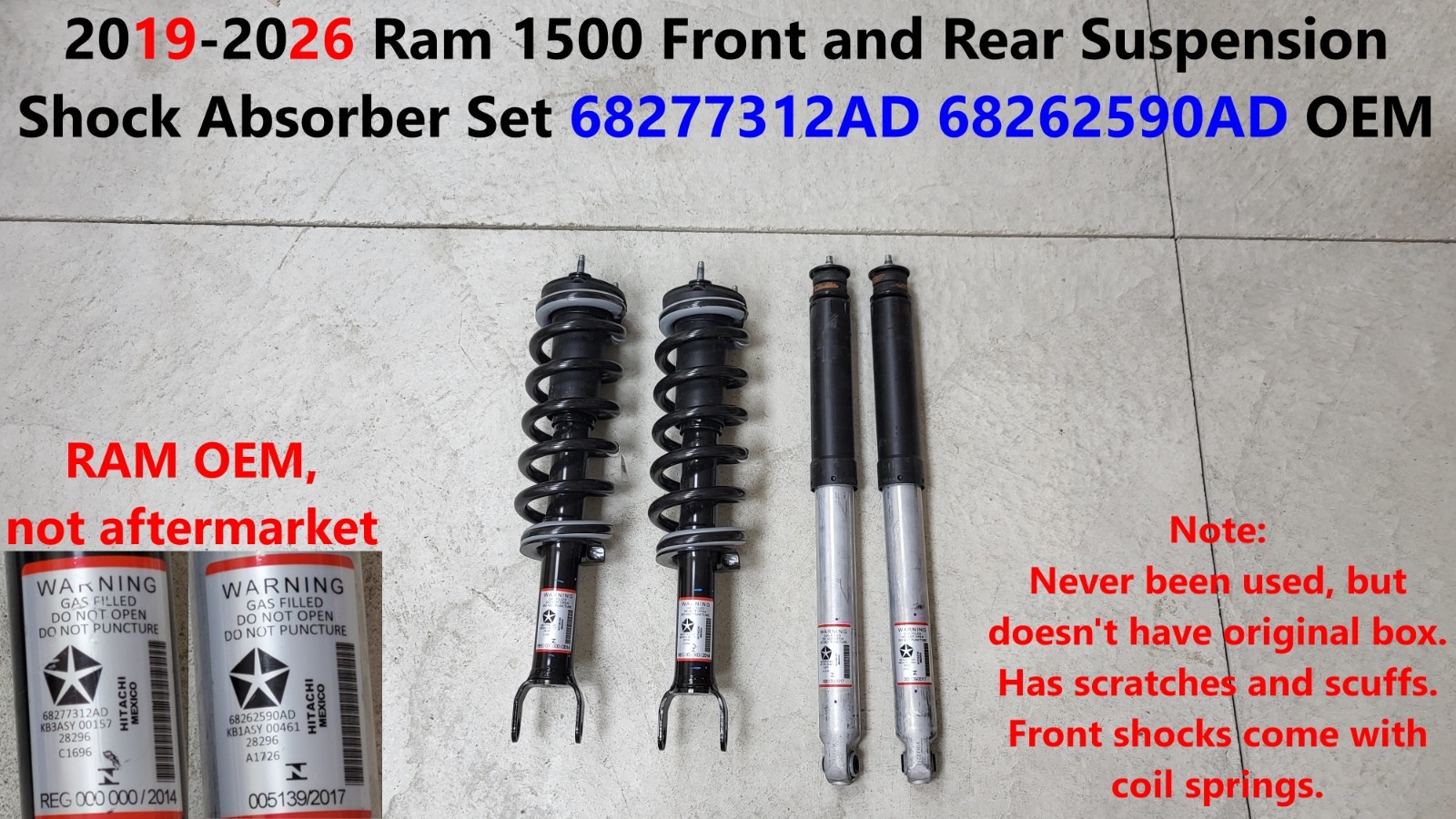 19 -26 Ram 1500 Front & Rear Suspension Shock Absorber Set 68277312AD 68262590AD