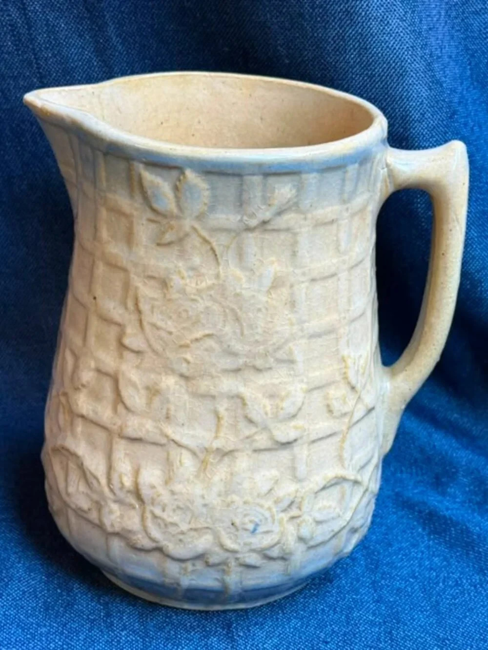 Antique 1880s Salt Glaze Stoneware Basketweave Wild Rose Milk Pitcher Jug 8.5\ Antique 1880s Salt Glaze Stoneware Basketweave Wild Rose Milk Pitcher Jug 8.5\