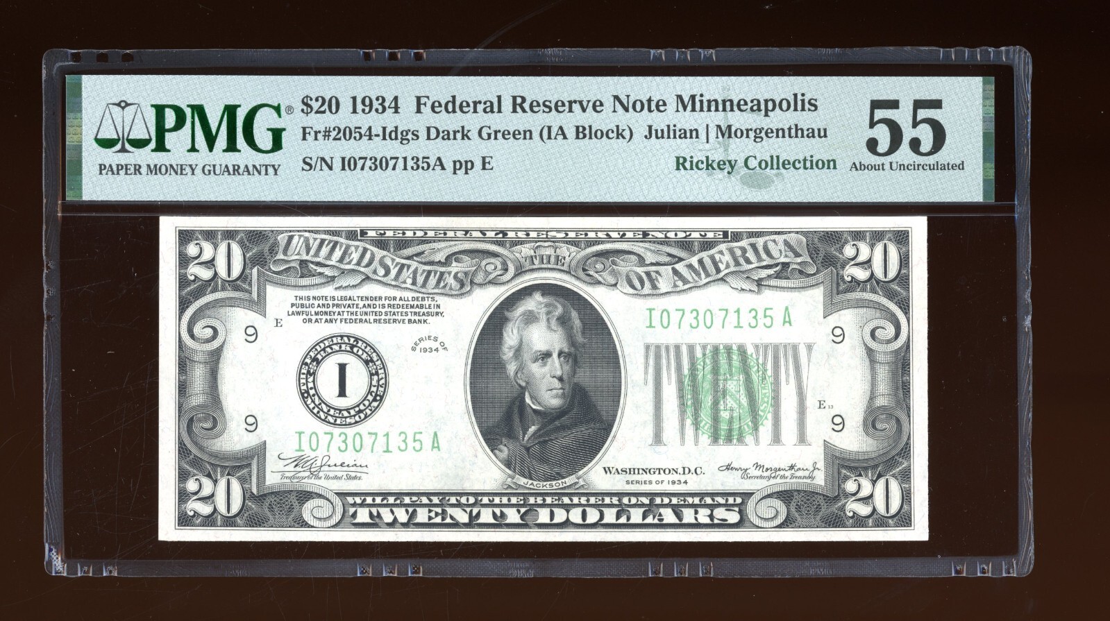DBR 1934 $20 FRN DGS Minneapolis Fr. 2054-Idgs PMG 55 Serial I07307135A