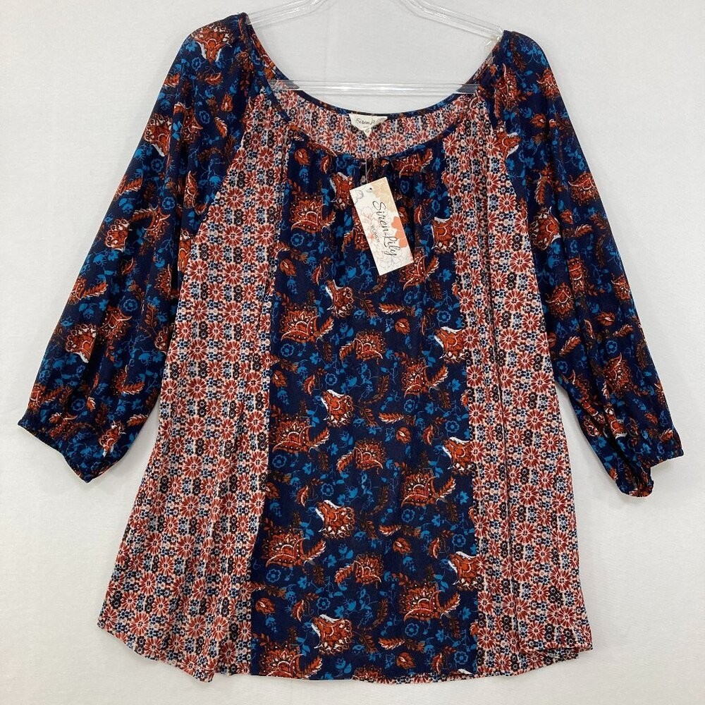 New Siren Lily size 3X Brown Blue Floral Patchwork Boho Tie Front Blouse