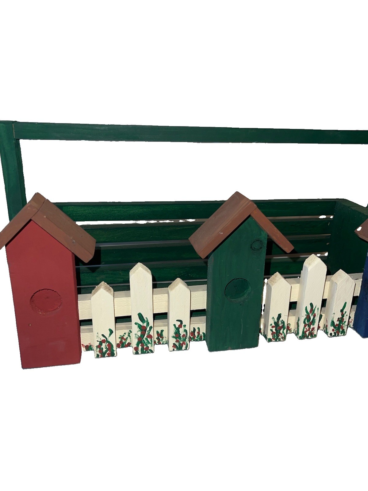 Fun Vintage rare Garden Caddy Wood Bird Houses & Fence 15” Long