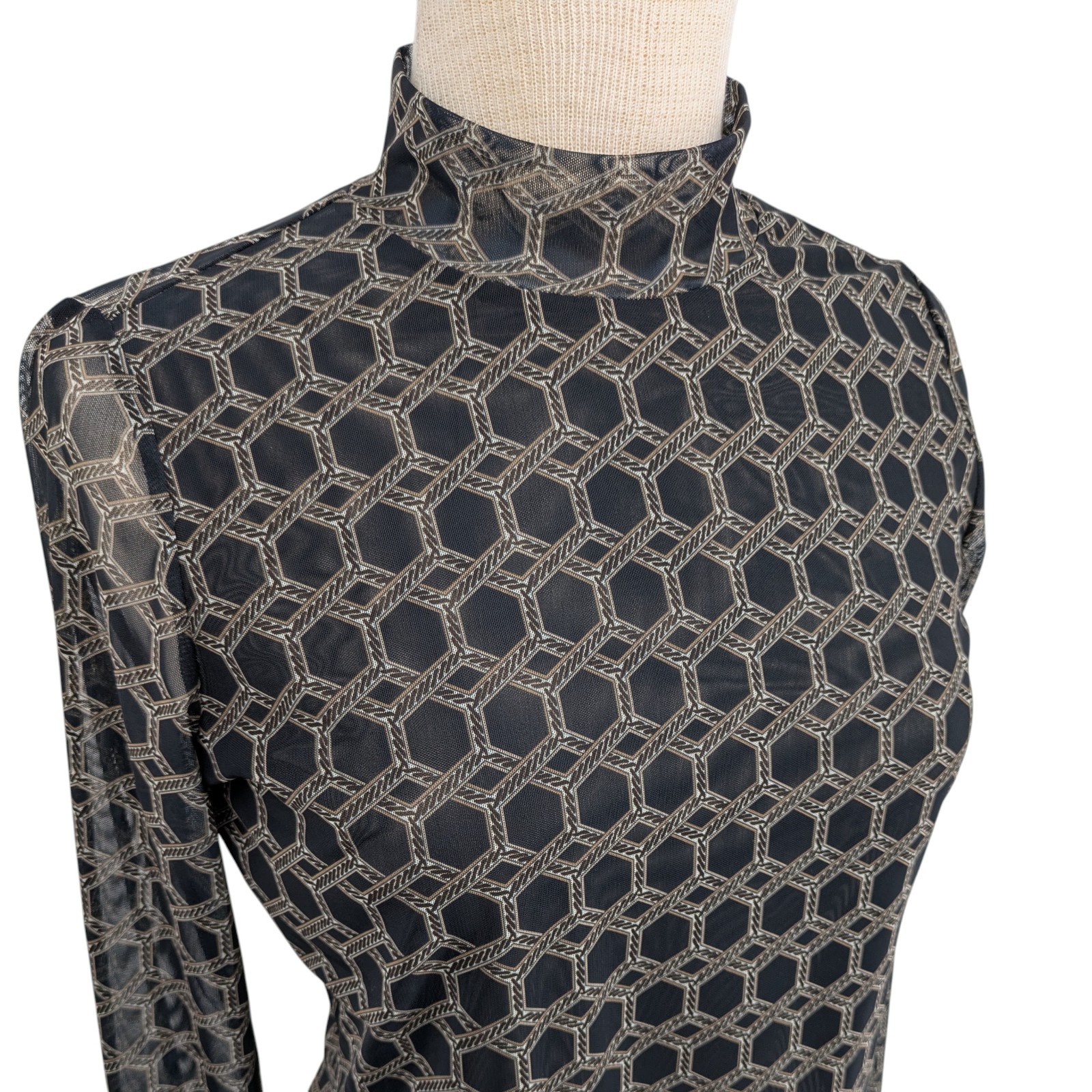 Sheer Long Sleeve Mock Neck Mesh Top M Geometric Stretch Cyber Minimalist Edgy