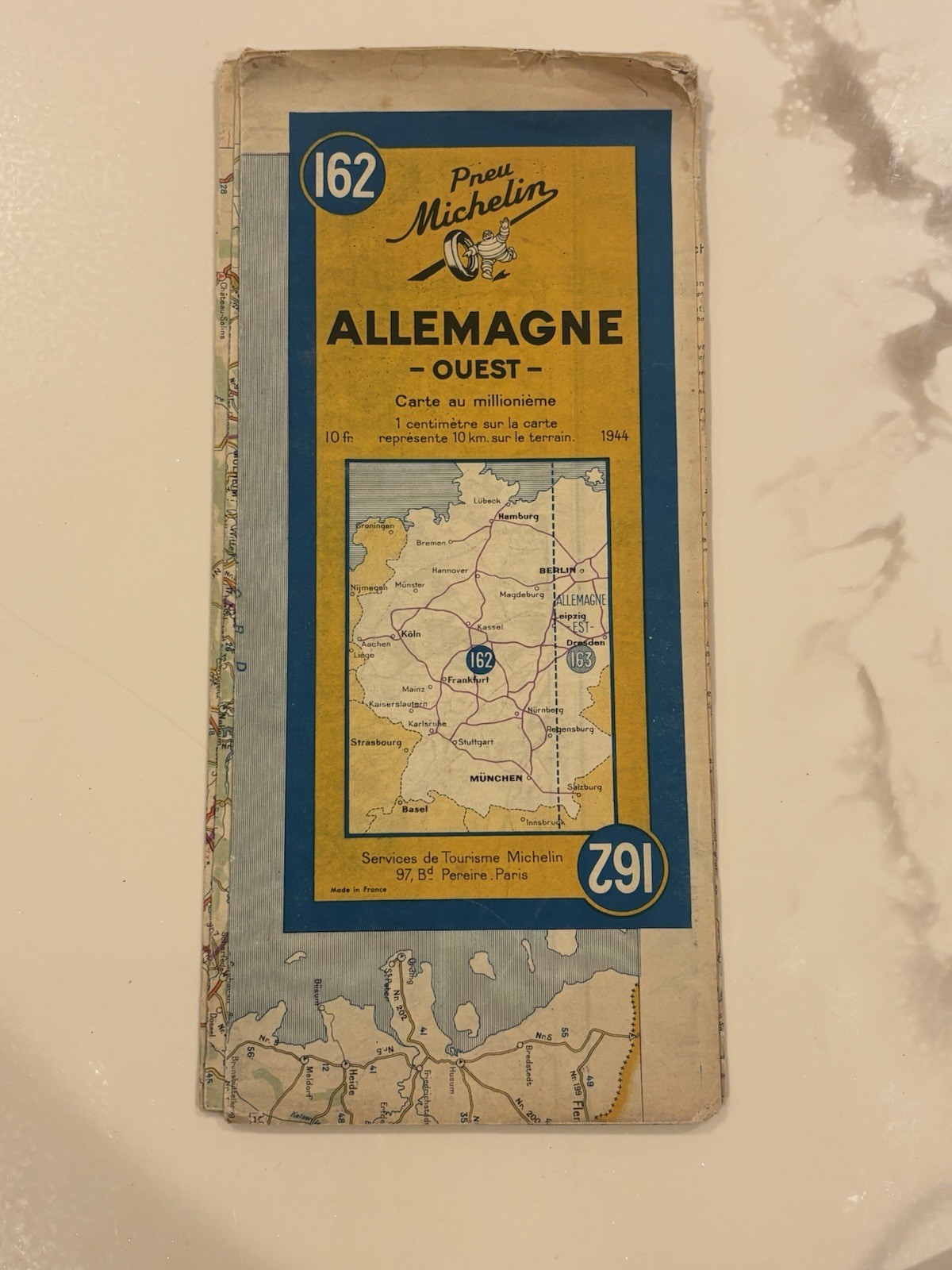 Michelin Folding Road Map 162 Allemagne Ouest 1944 WWII Era Germany - 