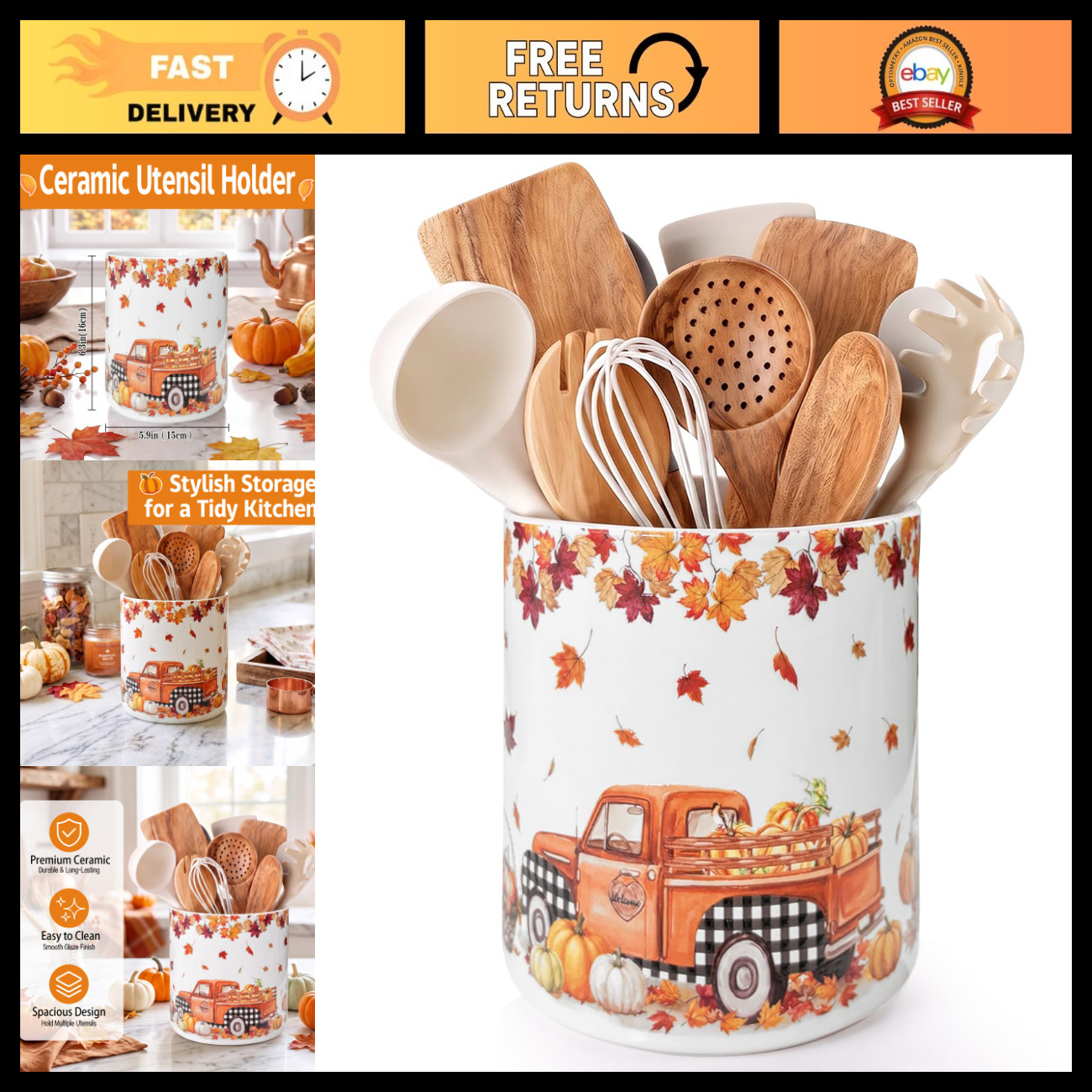 Fall-Themed Ceramic Utensil Holder - Sturdy Countertop Crock for Kitchen Decor