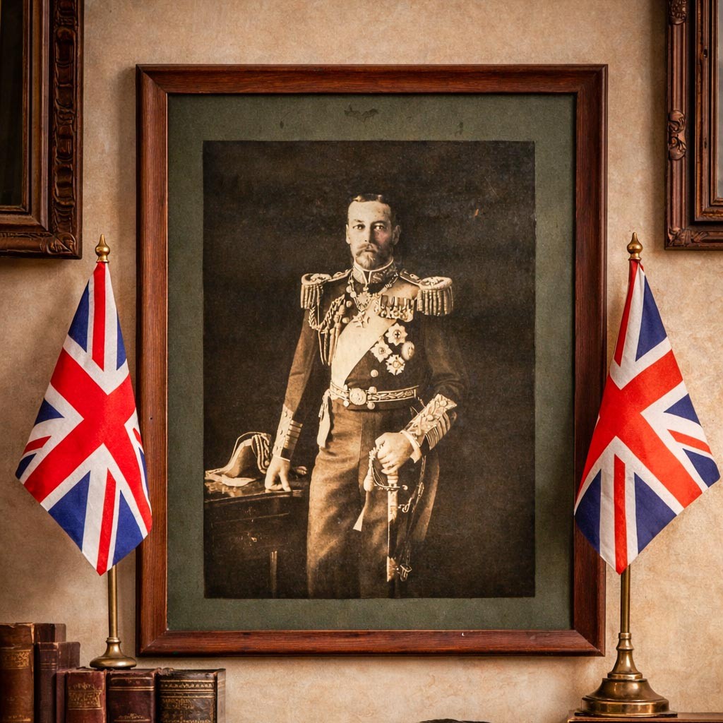 Large Antique British Empire King George V Portrait Photograph Framed