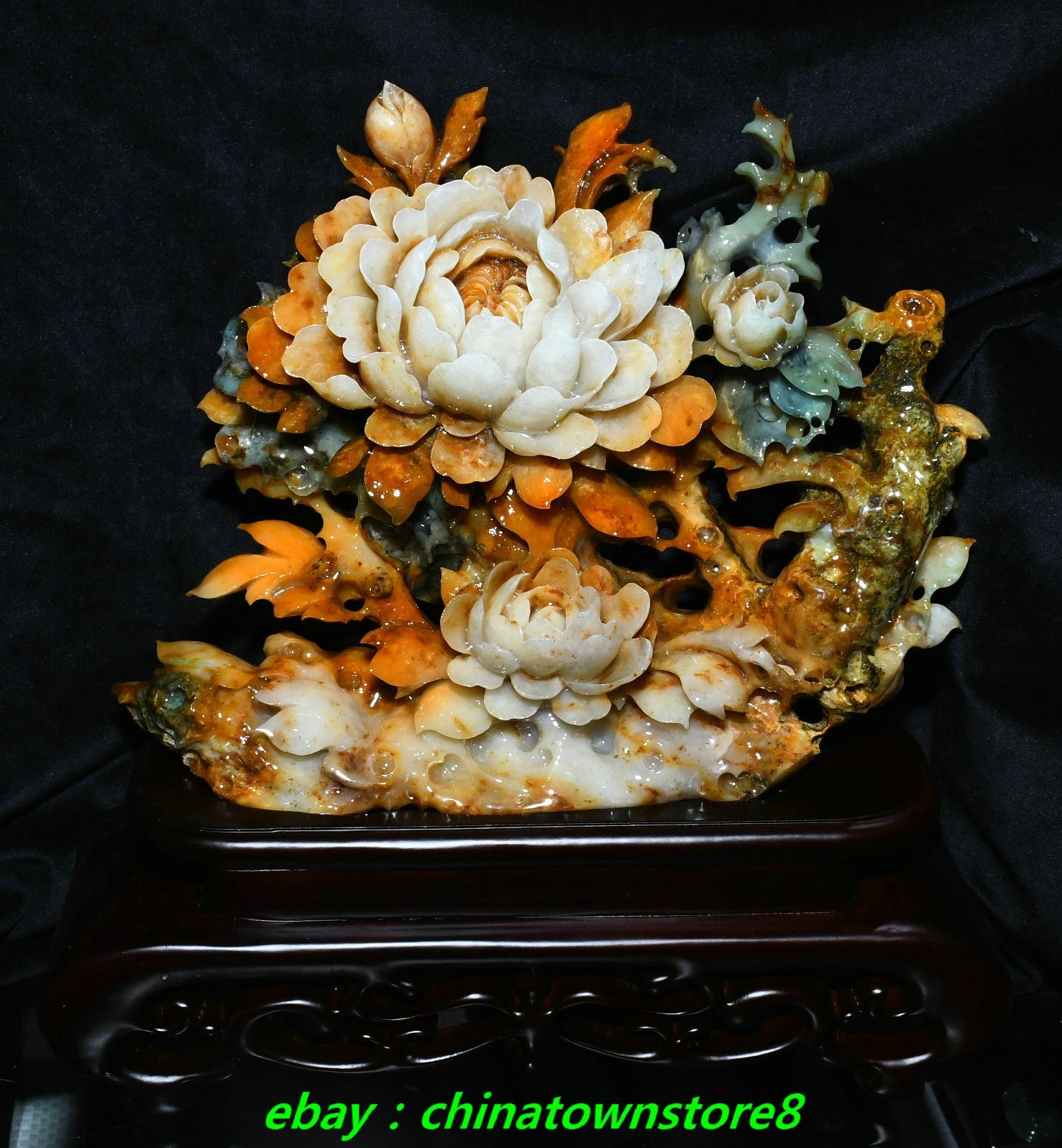 13.3\'\' Collection Chinese Natural Xiu Jade Carving Peony Flower Tree Statue