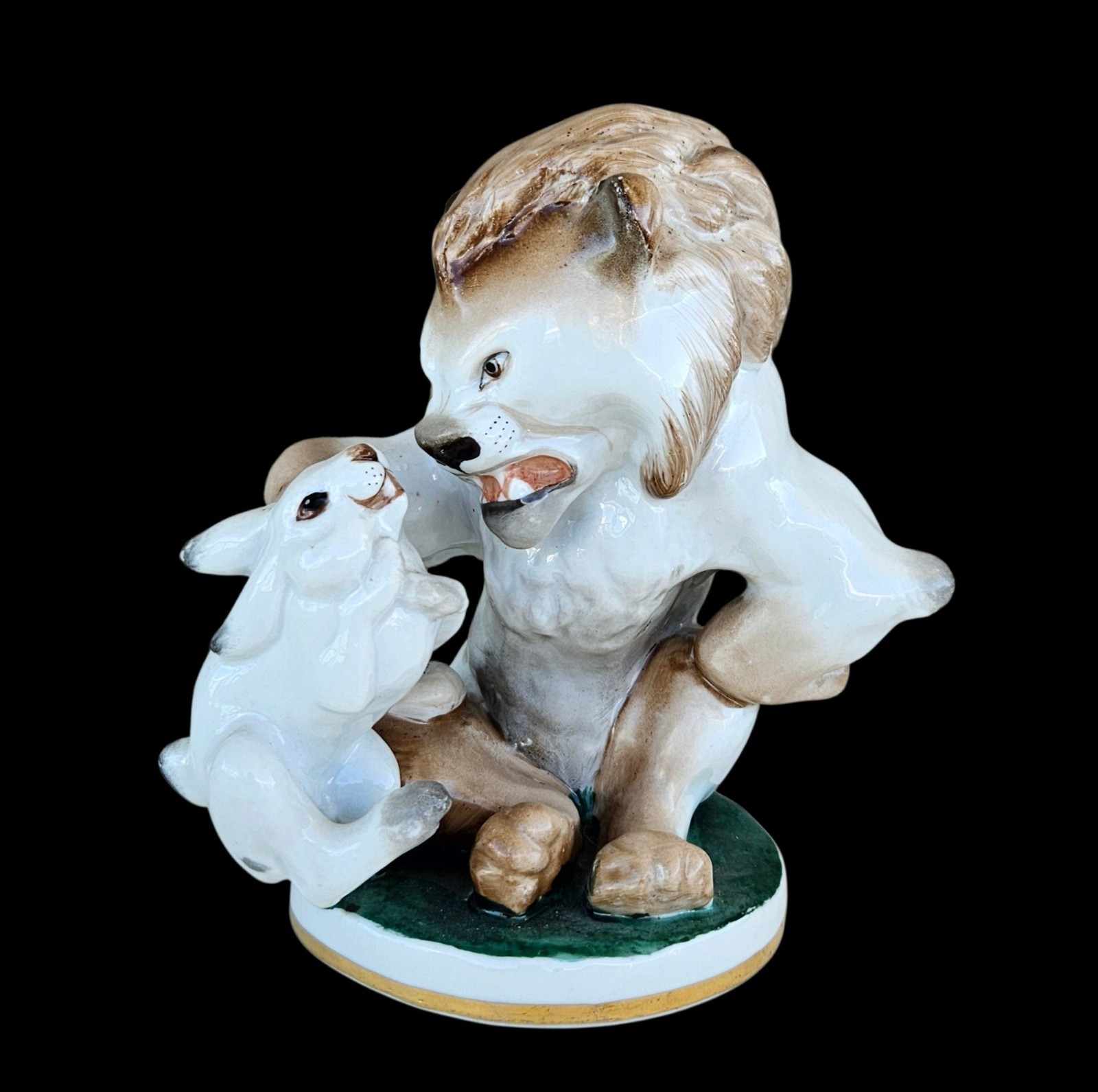 Vintage 1950s Russian LFZ Lomonosov Porcelain Folk Art Figurine Lion & Hare