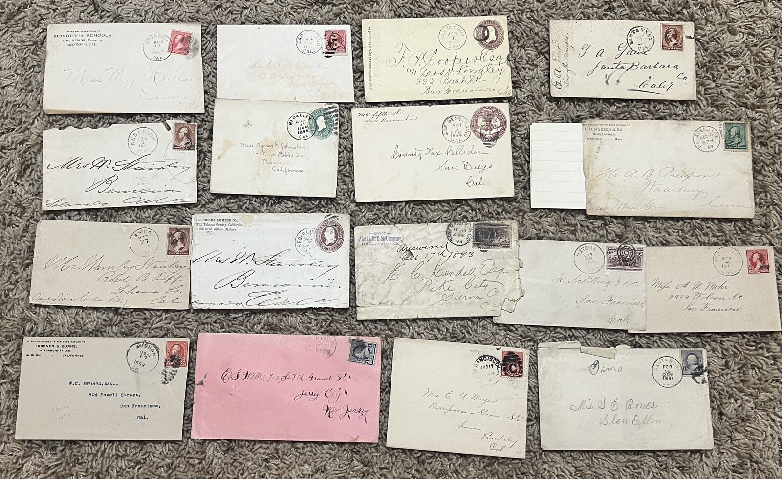 1880\'S-1890\'S LOT OF 17 CALIFORNIA BACKSTAMPED COVERS AMAZING VINTAGE COLLECTION 1880\'S-1890\'S LOT OF 17 CALIFORNIA BACKSTAMPED COVERS AMAZING VINTAGE COLLECTION