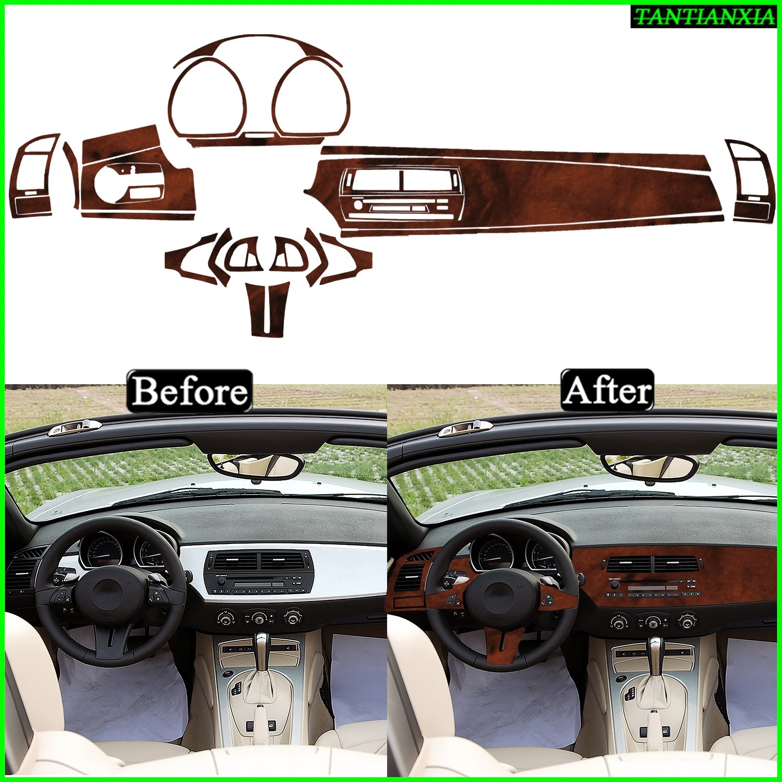 For BMW Z4 E85 2003-08 Bird\'s Eye Brown Interior Dashboard Full Trim Kits 32Pcs