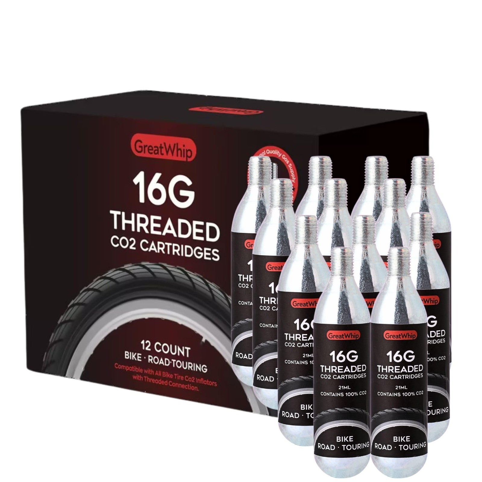 GreatWhip 16g Threaded CO2 Cartridges for Bike Tires 12 Count GreatWhip 16g Threaded CO2 Cartridges for Bike Tires 12 Count