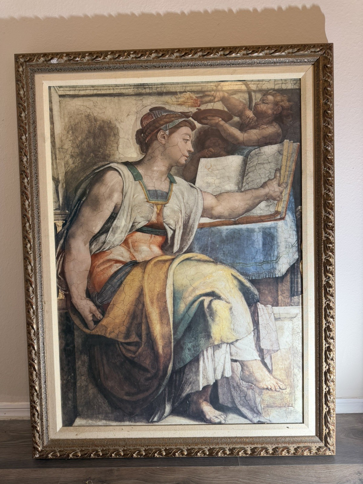 Large Michelangelo Sistine Chapel Art Reproduction Framed Under Glass OrnateGold