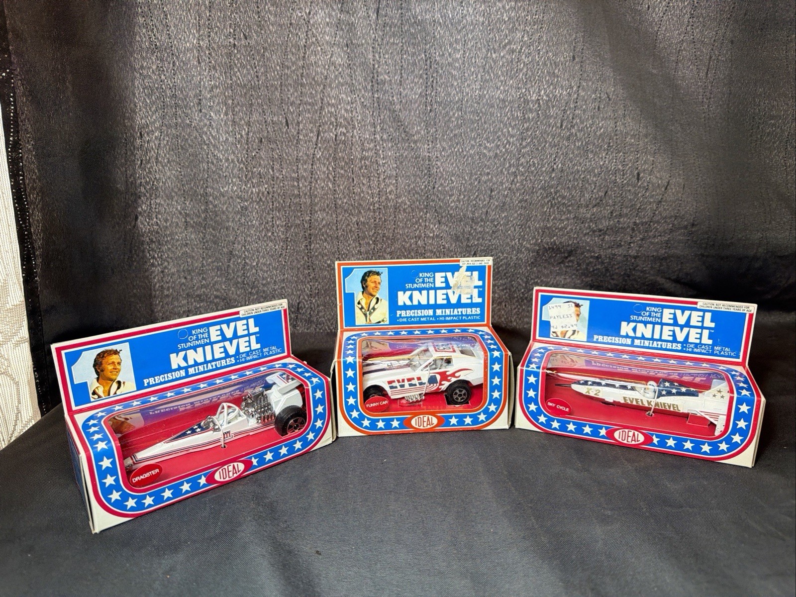 Ideal Evel Knievel Precision Miniatures; Funny Car , Dragster, Sky Cycle 1976 X3