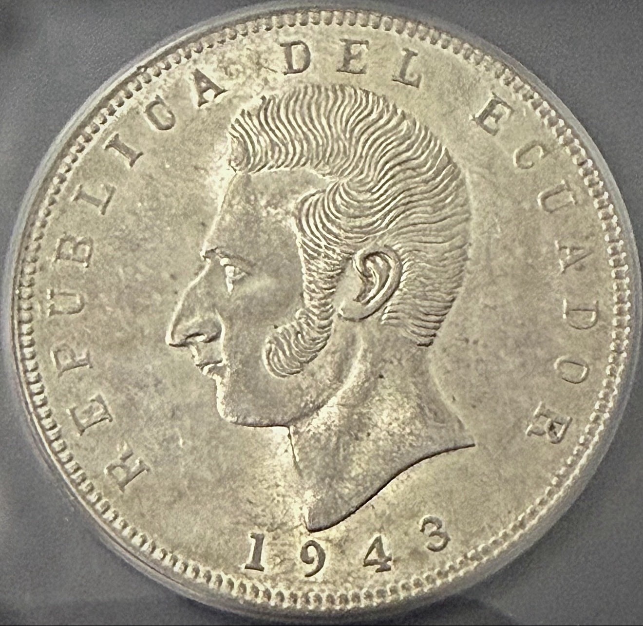 1943-Mo Ecuador 5 Sucres Mexico Mint AU55 | Antonio Jose de Sucre Silver Crown