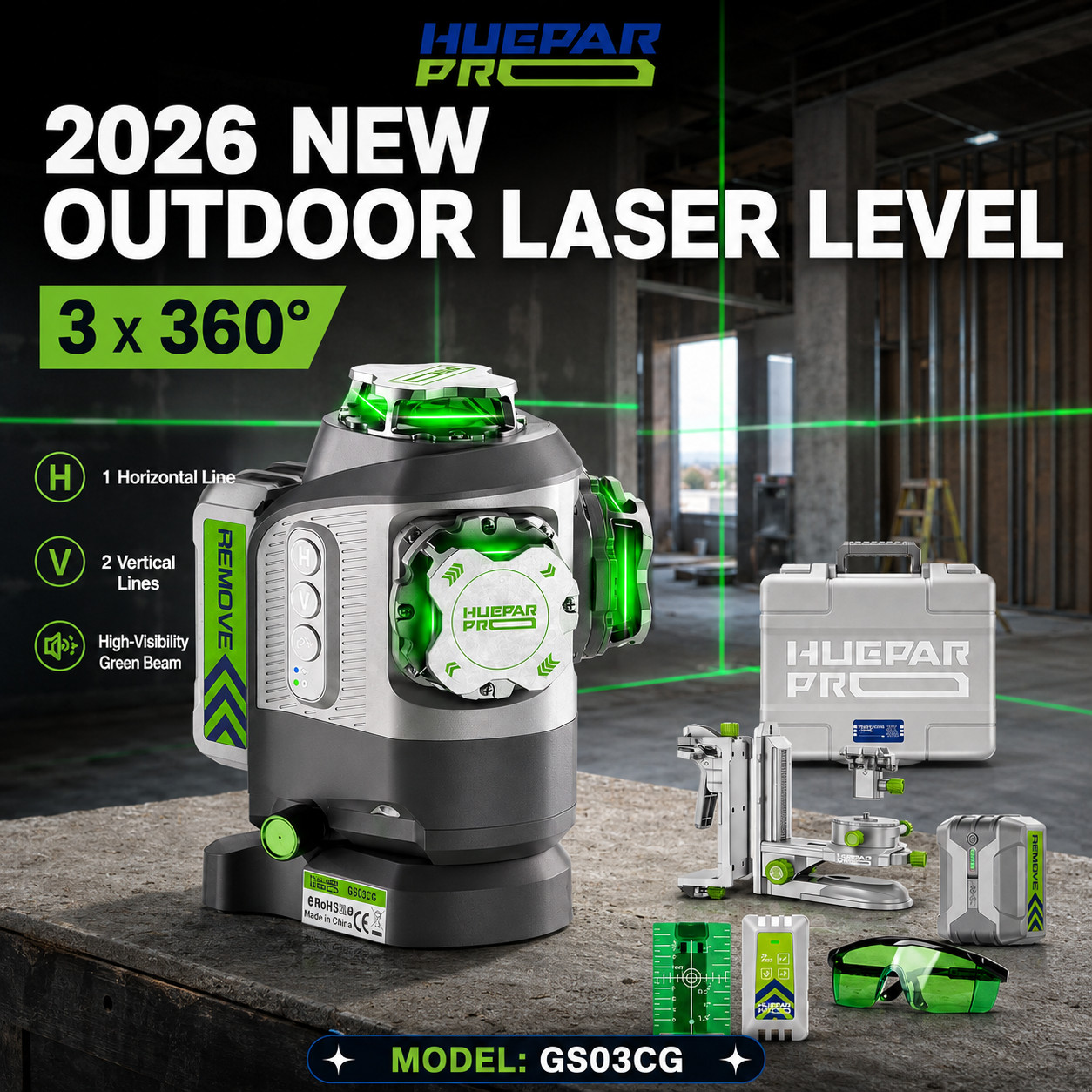 Huepar Pro GS03CG 3x360 Green Laser Level Outdoor Self-Leveling Remote