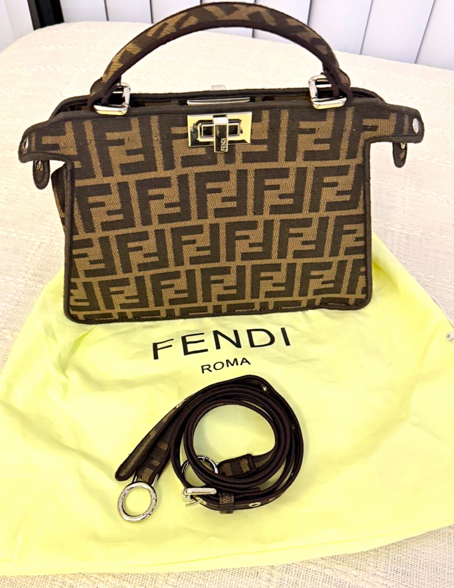 Fendi Women\'s Small Brown Zucca FF Top Handle Satchel Turn Lock Dust Bag Fendi Women\'s Small Brown Zucca FF Top Handle Satchel Turn Lock Dust Bag