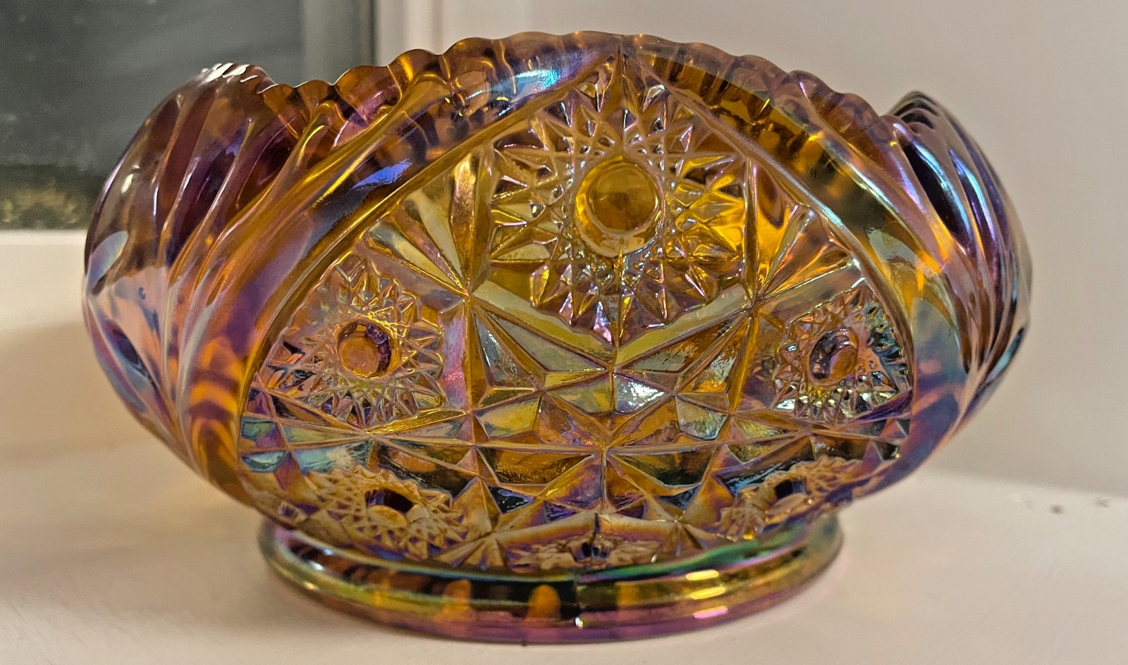 Vintage Marigold Carnival glass dish bowl LE Smith Hobstar stars Sawtooth EAPG Vintage Marigold Carnival glass dish bowl LE Smith Hobstar stars Sawtooth EAPG