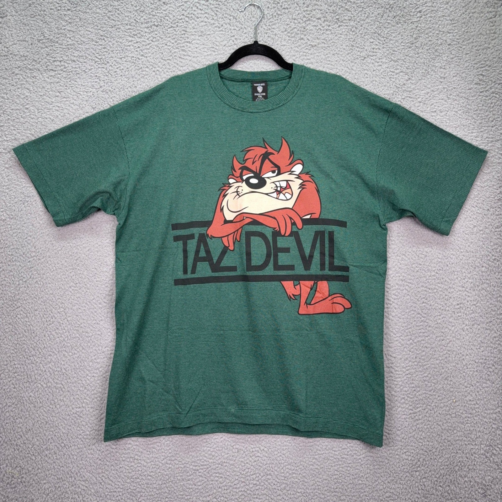 VTG Warner Bros Taz Devil Tshirt Mens XXL Green Striped Looney Tunes 90s