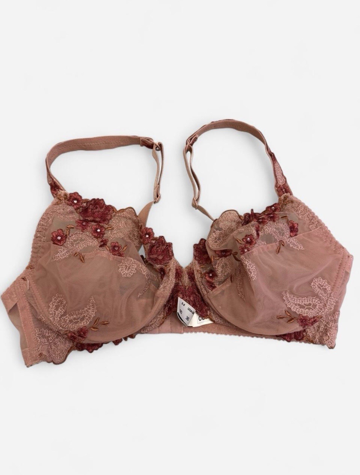 Verde Veronica Italian Blush Embroidered Floral Beaded Bra 36D VINTAGE Worn Once