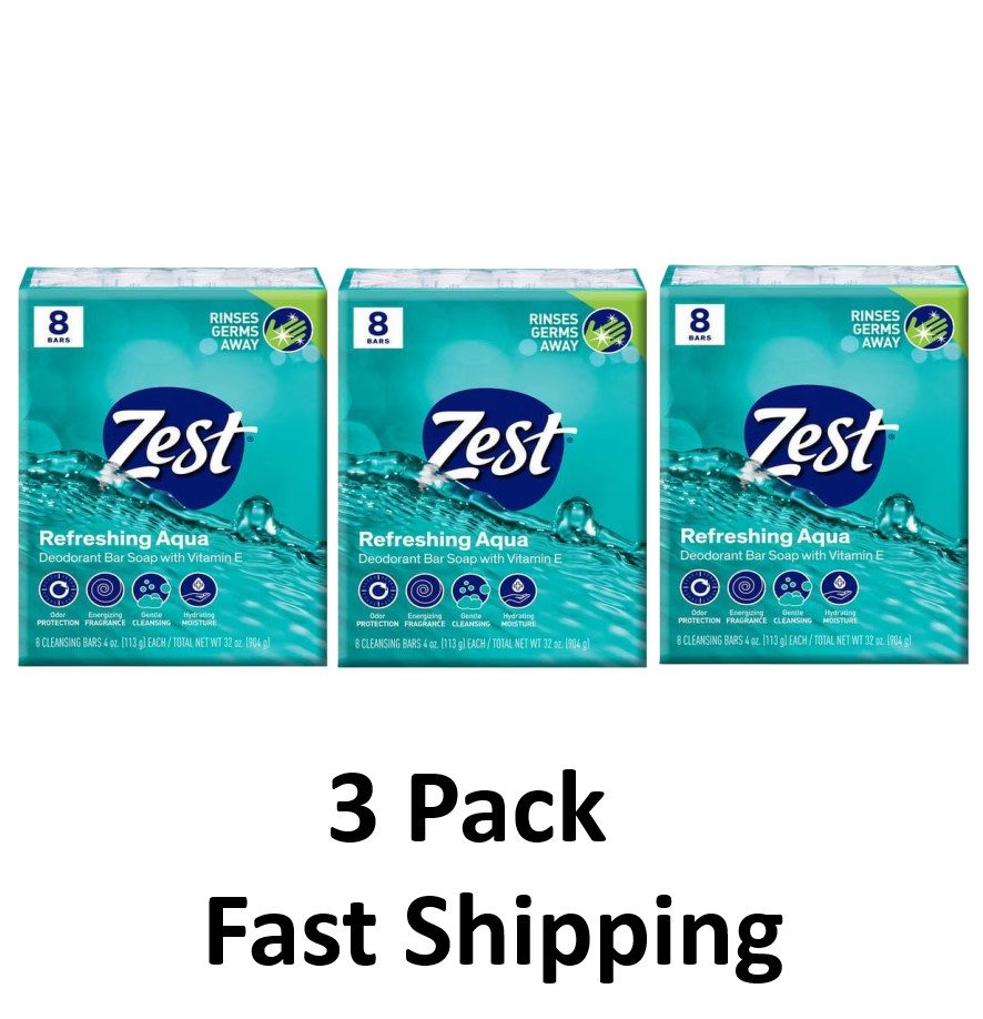 Zest Deodorant Bar Soap, Hydrating Moisture, Aqua 8 Bars 4 oz. each - 3 PACK