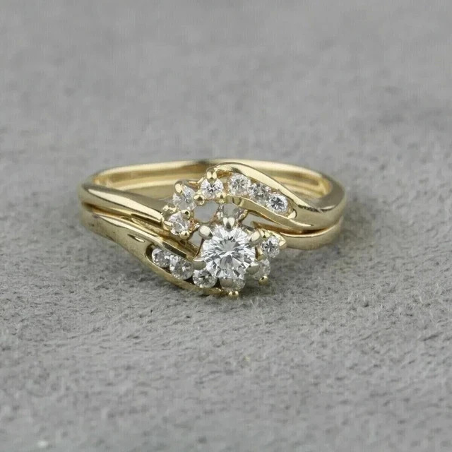 1.20 Ct Round Moissanite Wedding Band Ring Set 14K Yellow Gold Plated
