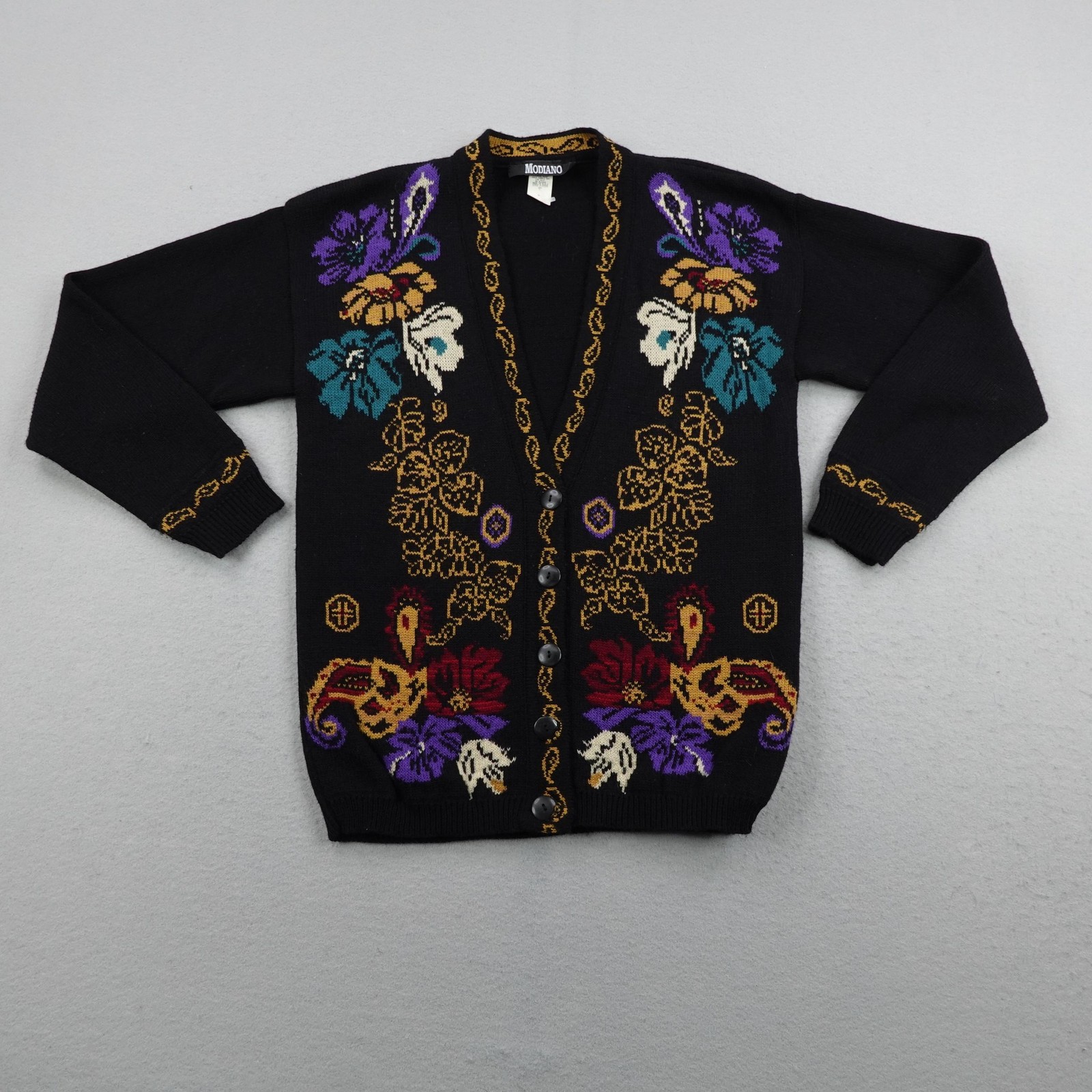 Vintage Modiano Sweater Womens Small Black Cardigan Grandma Floral Retro 80s 90s