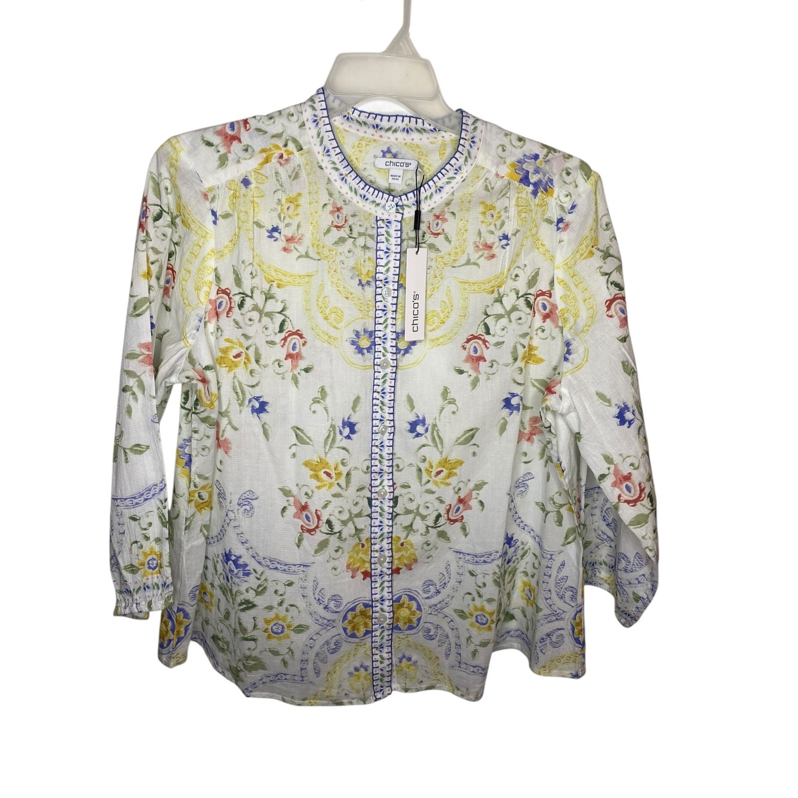 Chicos Tana Tile Floral Embroidered Cotton Button Blouse White Multi Size 3 New