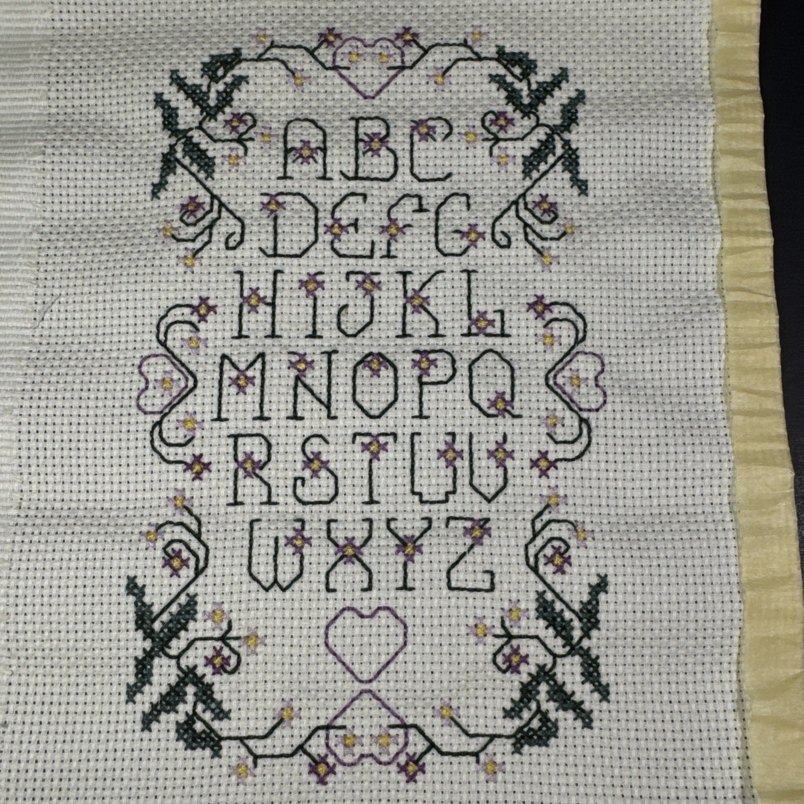 Finished Cross Stitch Sampler Vintage Alphabet & Floral Unframed Purple Green